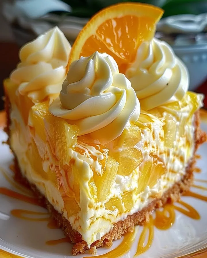 Delicious Southern Pineapple Orange Swirl Cheesecake with vibrant fruit swirl