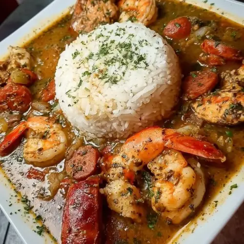 A delicious bowl of Southern Shrimp and Sausage Gumbo with spices and fresh herbs