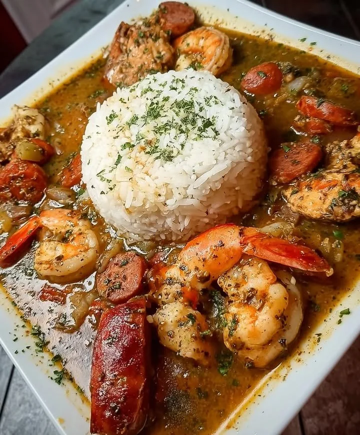 A delicious bowl of Southern Shrimp and Sausage Gumbo with spices and fresh herbs
