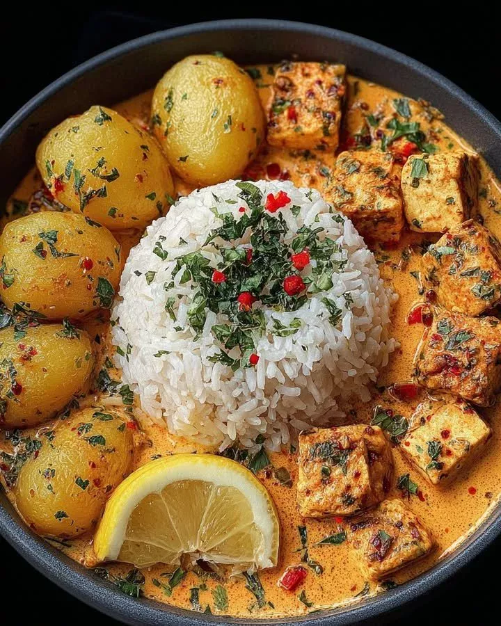 Delicious spiced paneer and potato curry served in a bowl