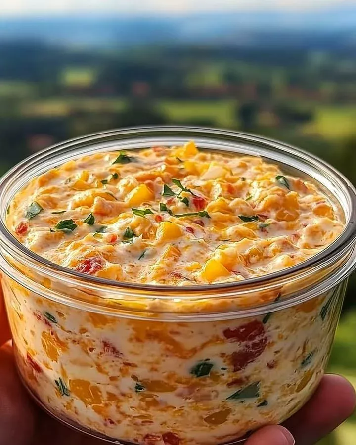 Spiced Sailors Dip with a twist served in a bowl, garnished with herbs.