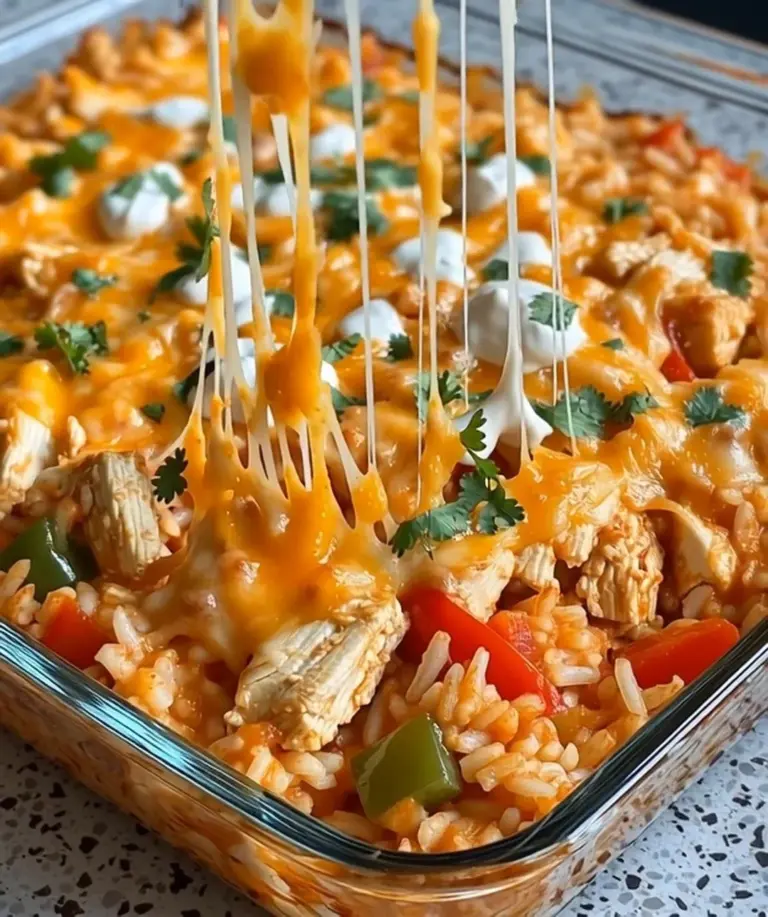 Spicy Fajita Chicken Bake dish garnished with peppers and spices