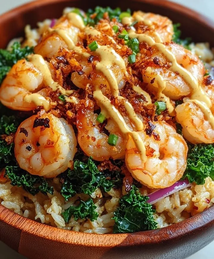 Delicious spicy garlic shrimp fried rice served in a bowl with herbs