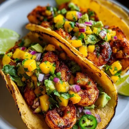 Spicy mango shrimp tacos with fresh ingredients and vibrant colors