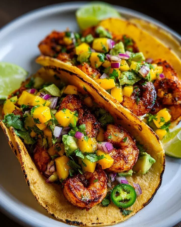 Spicy mango shrimp tacos with fresh ingredients and vibrant colors