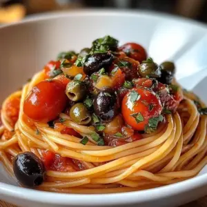 Plate of spicy Puttanesca pasta with olives and tomatoes