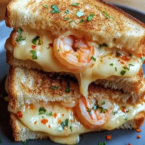 Spicy shrimp served on a crispy grilled cheese sandwich