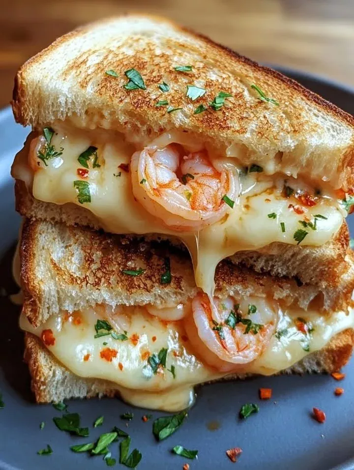 Spicy shrimp served on a crispy grilled cheese sandwich