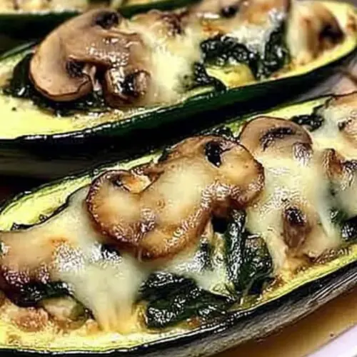 Spinach and mushroom stuffed zucchini boats topped with cheese