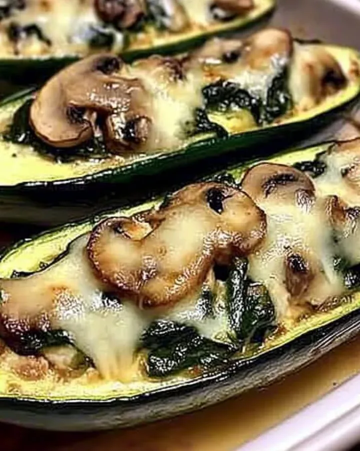 Spinach and mushroom stuffed zucchini boats topped with cheese