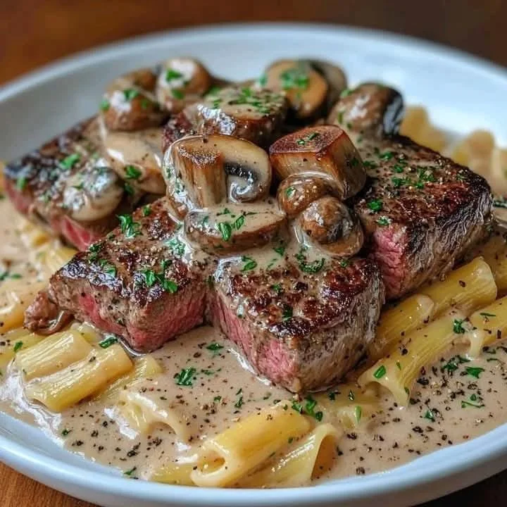 Delicious steak pasta served with rich mushroom sauce for a gourmet meal.