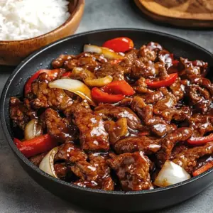 Delicious Sticky Mongolian Beef Stir-Fry with Peppers served in a bowl