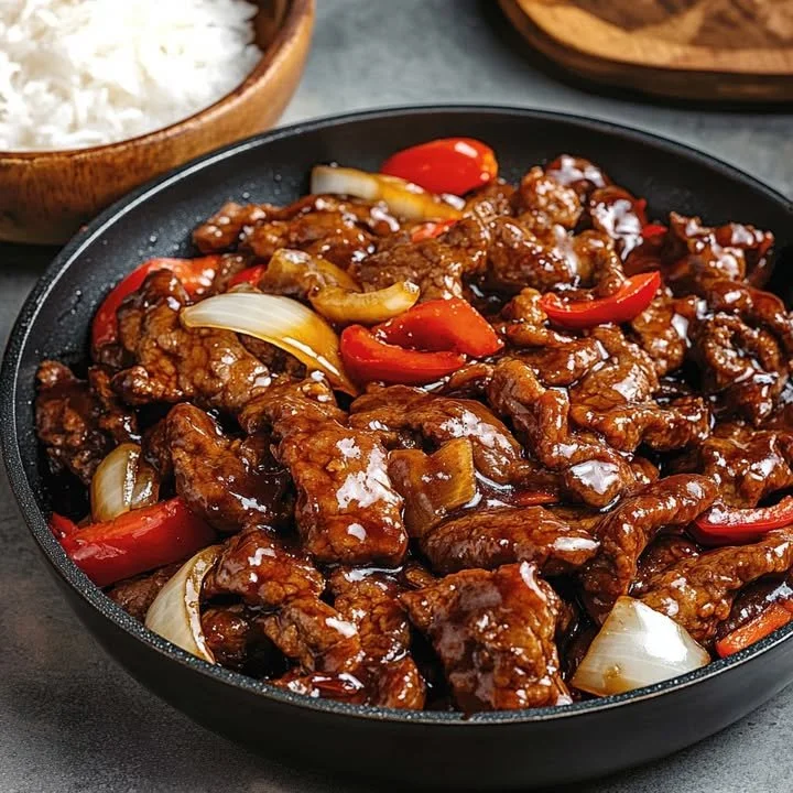 Delicious Sticky Mongolian Beef Stir-Fry with Peppers served in a bowl