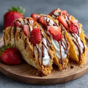 Delicious strawberry cheesecake tacos arranged on a plate for dessert