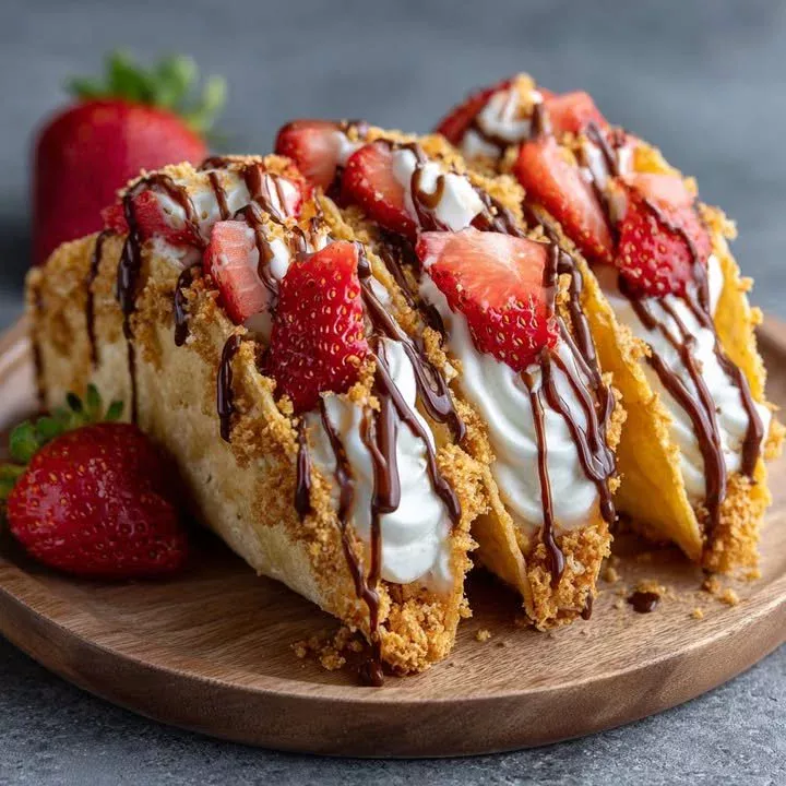 Delicious strawberry cheesecake tacos arranged on a plate for dessert