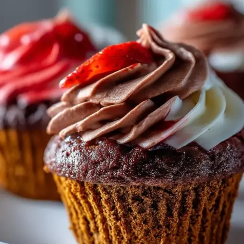 Delicious strawberry-filled chocolate cupcakes with swirled frosting on top