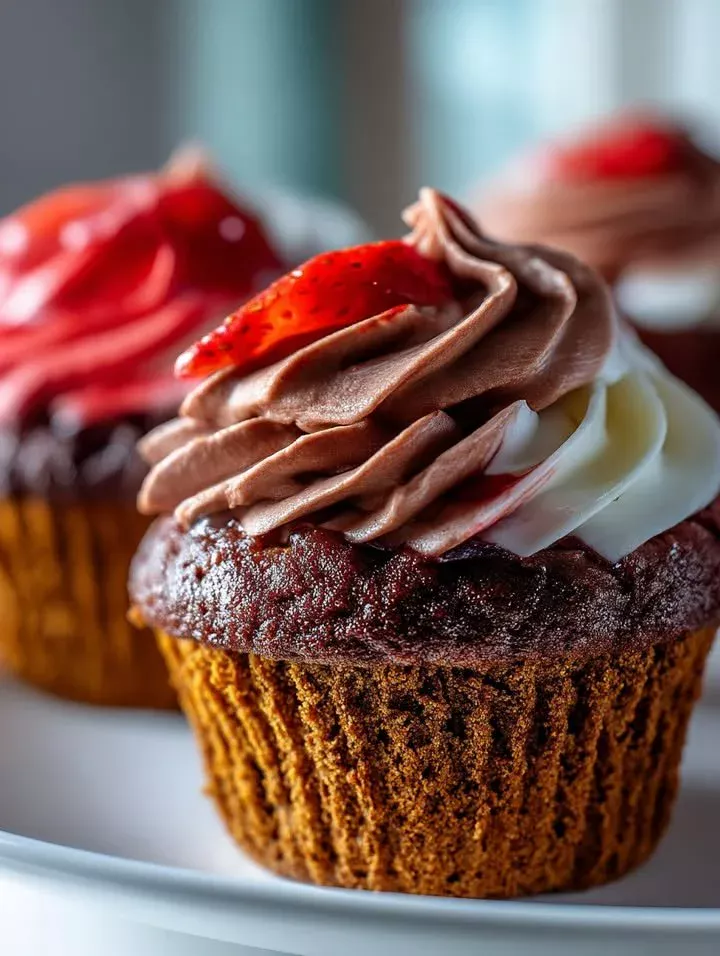 Delicious strawberry-filled chocolate cupcakes with swirled frosting on top