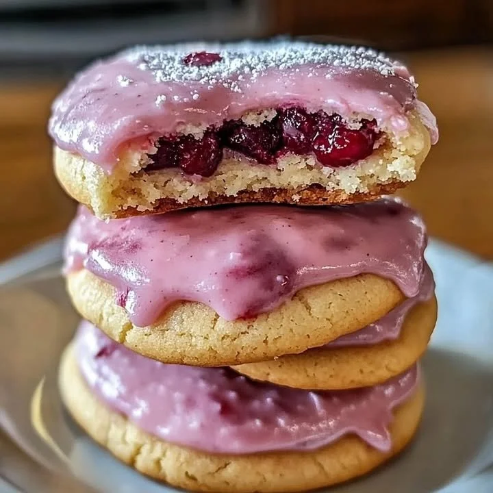 Freshly baked strawberry glazed cherry thumbprint cookies on a plate