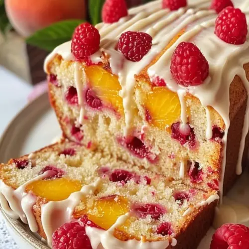 Delicious Sunlit Peach Raspberry Cake with fresh raspberries and peaches