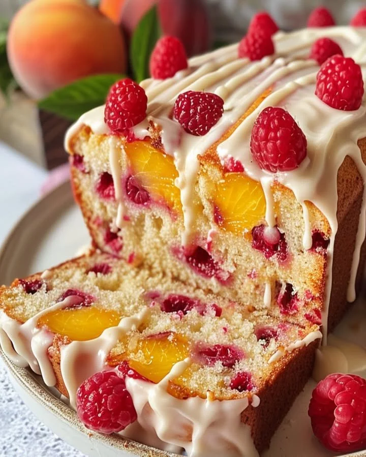 Delicious Sunlit Peach Raspberry Cake with fresh raspberries and peaches
