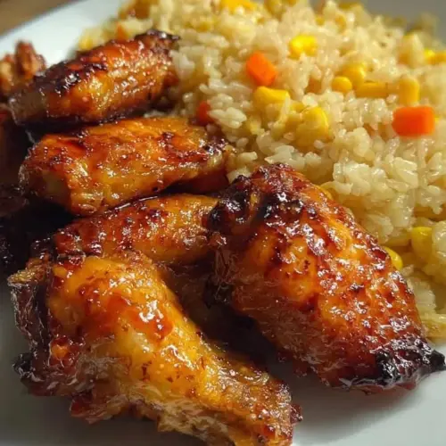 Sweet baked chicken wings served with fluffy rice on a plate.