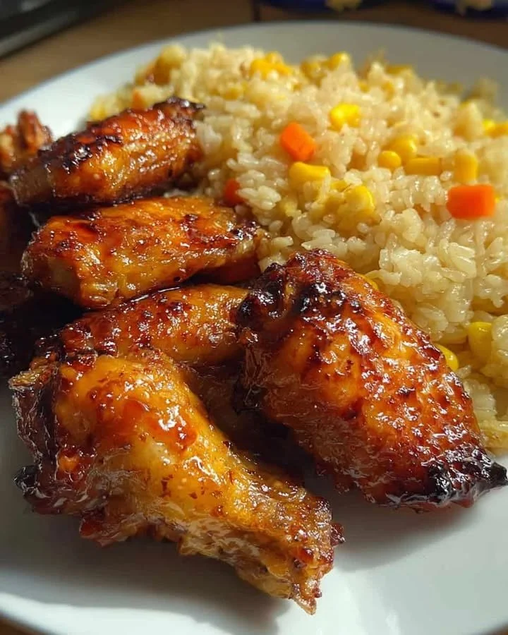 Sweet baked chicken wings served with fluffy rice on a plate.