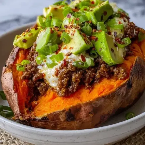 Sweet potato beef boats filled with flavorful beef and topped with fresh ingredients.