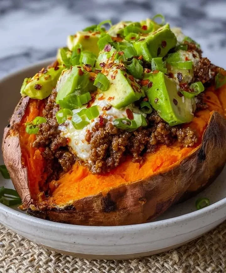 Sweet potato beef boats filled with flavorful beef and topped with fresh ingredients.