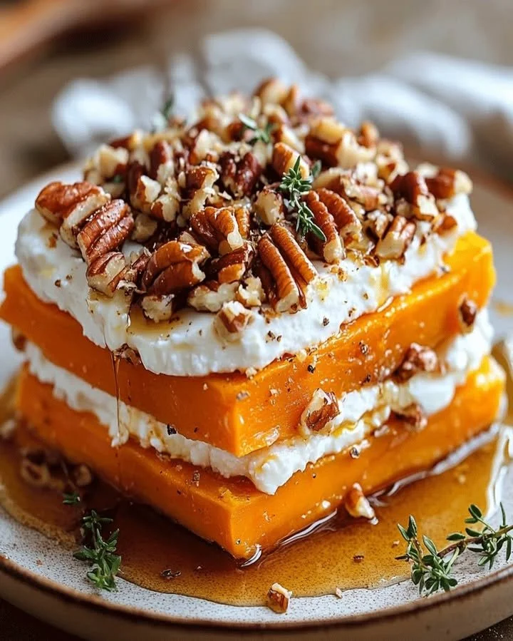 Roasted sweet potato topped with honey, pecans, and crumbled goat cheese.