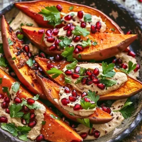 Tahini and pomegranate topped roasted sweet potatoes served on a plate