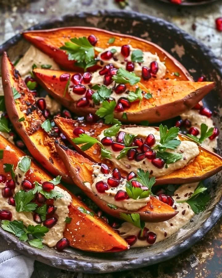Tahini and pomegranate topped roasted sweet potatoes served on a plate