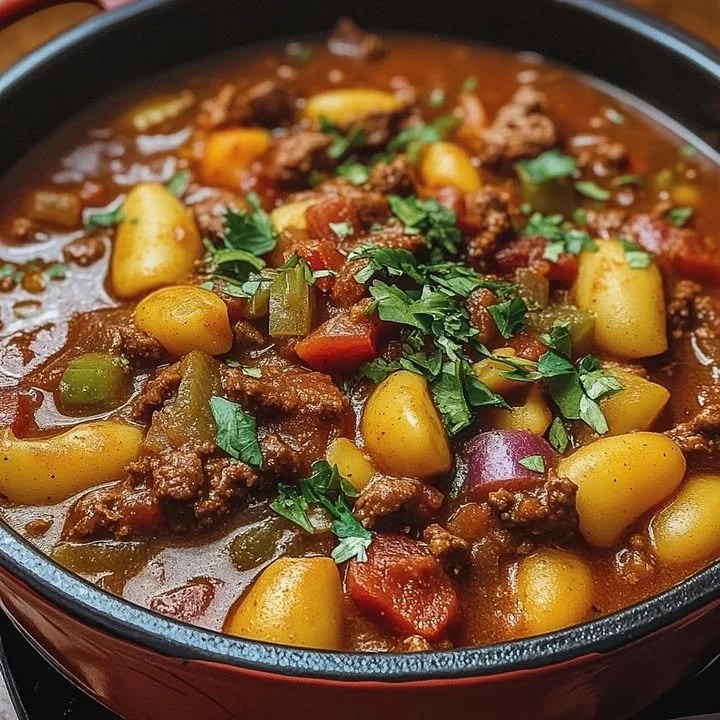 Bowl of Texan Cowboy Stew filled with beans, meat, and vegetables