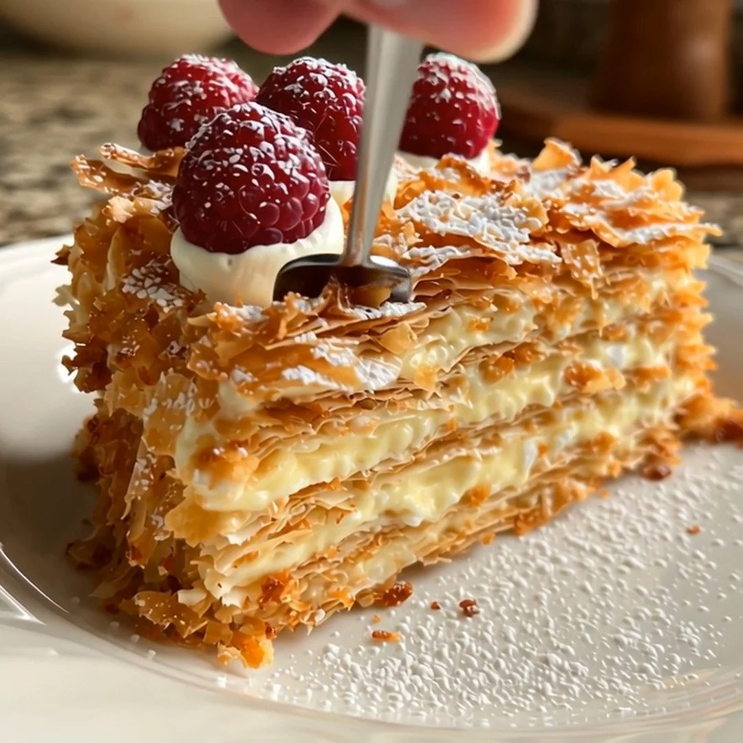Homemade Napoleon Cake with layers of pastry and cream filling