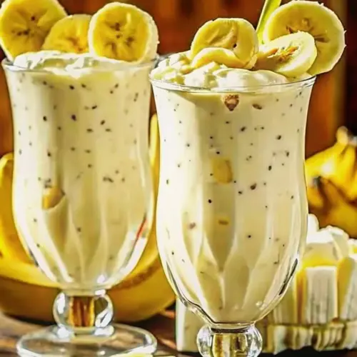 Tropical pineapple banana smoothie in a glass with fresh fruit garnish
