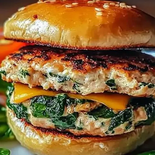 Delicious cheddar spinach chicken burgers served on a plate
