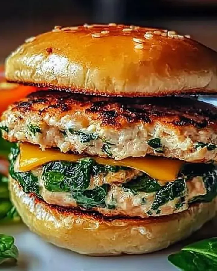 Delicious cheddar spinach chicken burgers served on a plate