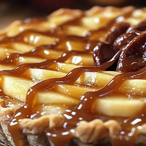 Twisted Caramel Apple Pie with caramel drizzled over fresh apple slices