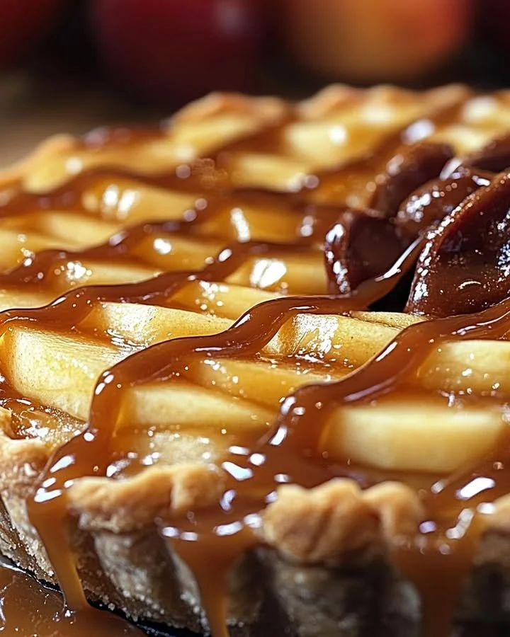 Twisted Caramel Apple Pie with caramel drizzled over fresh apple slices