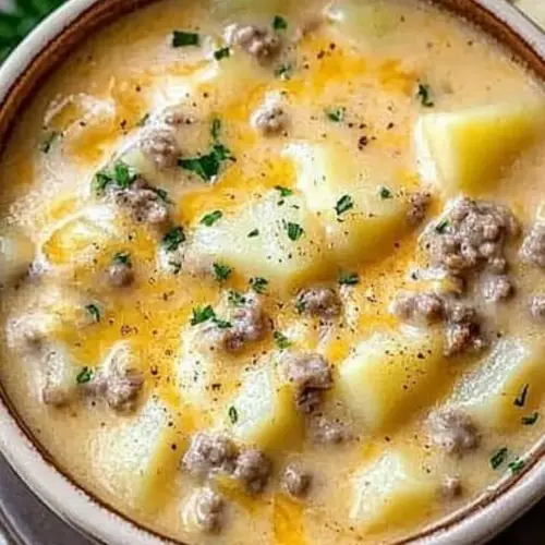 Bowl of twisted cheesy hamburger potato soup, showcasing creamy texture and ingredients.