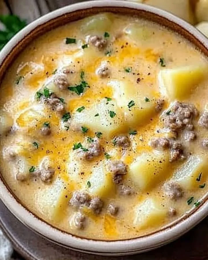 Bowl of twisted cheesy hamburger potato soup, showcasing creamy texture and ingredients.