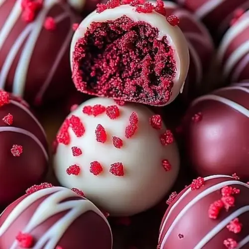Delicious twisted red velvet truffles topped with cream cheese frosting.