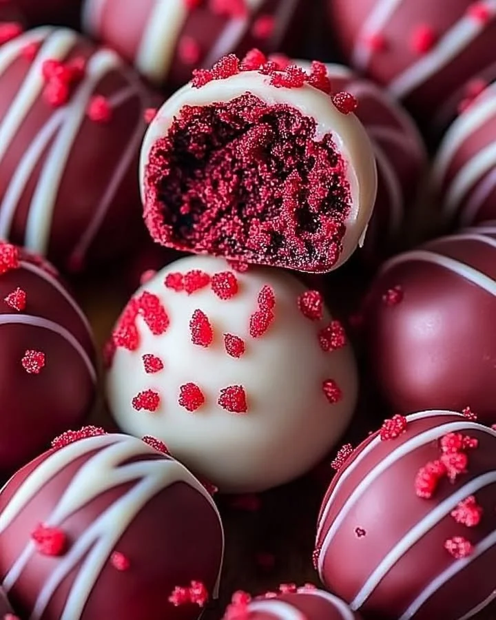Delicious twisted red velvet truffles topped with cream cheese frosting.