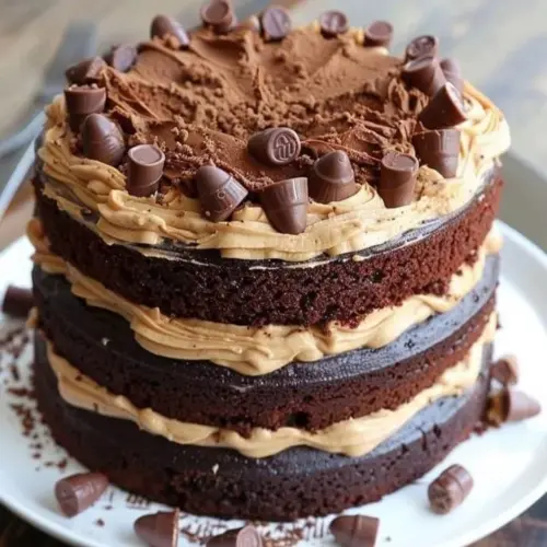 Decadent chocolate peanut butter cake with creamy frosting