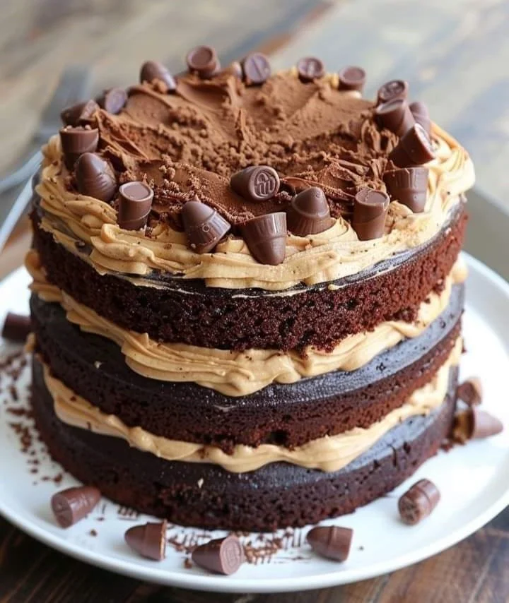 Decadent chocolate peanut butter cake with creamy frosting