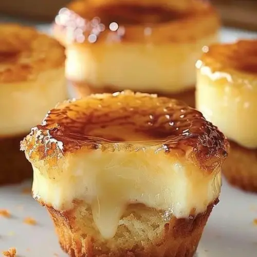 Delicious Vanilla Bean Creme Brulee Cheesecake Cupcakes topped with caramelized sugar