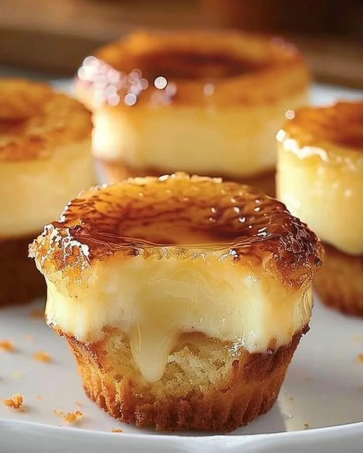 Delicious Vanilla Bean Creme Brulee Cheesecake Cupcakes topped with caramelized sugar