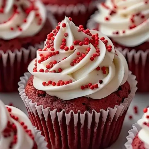 Delicious velvety red cupcakes topped with creamy frosting.