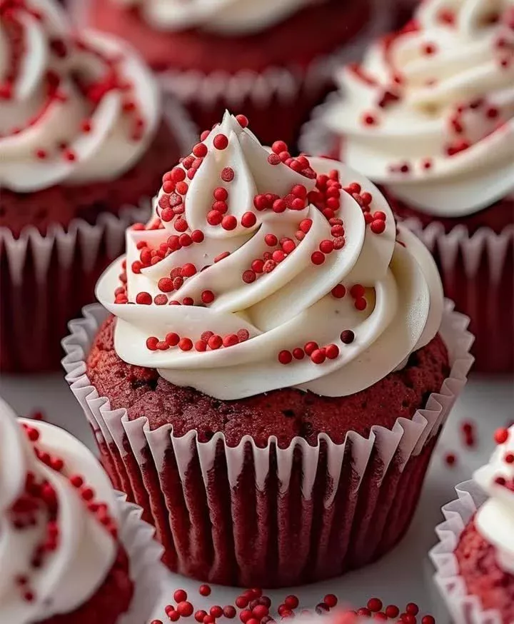 Delicious velvety red cupcakes topped with creamy frosting.