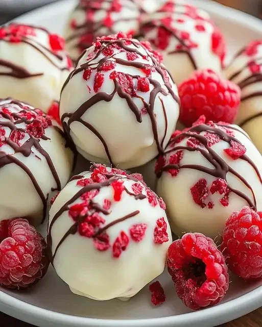 Delicious White Chocolate Raspberry Cheesecake Bites on a dessert platter.
