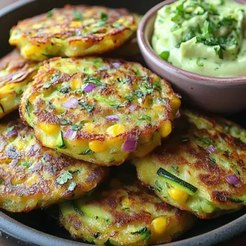 Zucchini-corn fritters topped with avocado lime crema on a plate